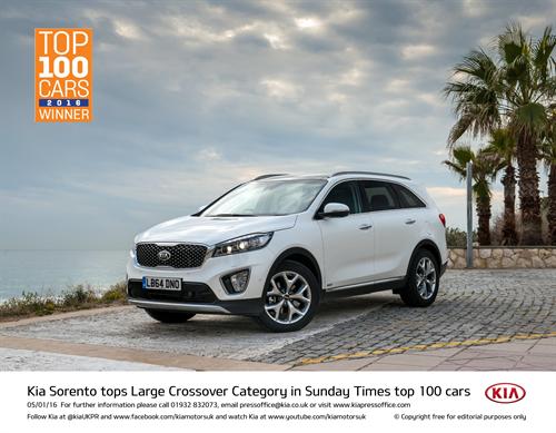 KIA SORENTO TOPS LARGE CROSSOVER CATEGORY IN SUNDAY TIMES TOP 100 CARS